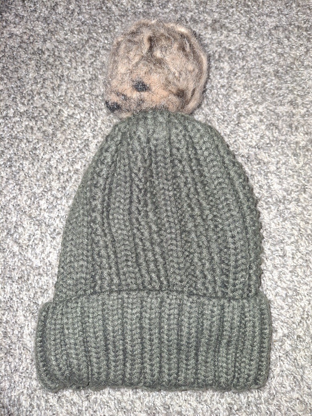 C.C Olive Ribbed Beanie with Tan Faux Fur Pom for Women - Picture 2 of 2